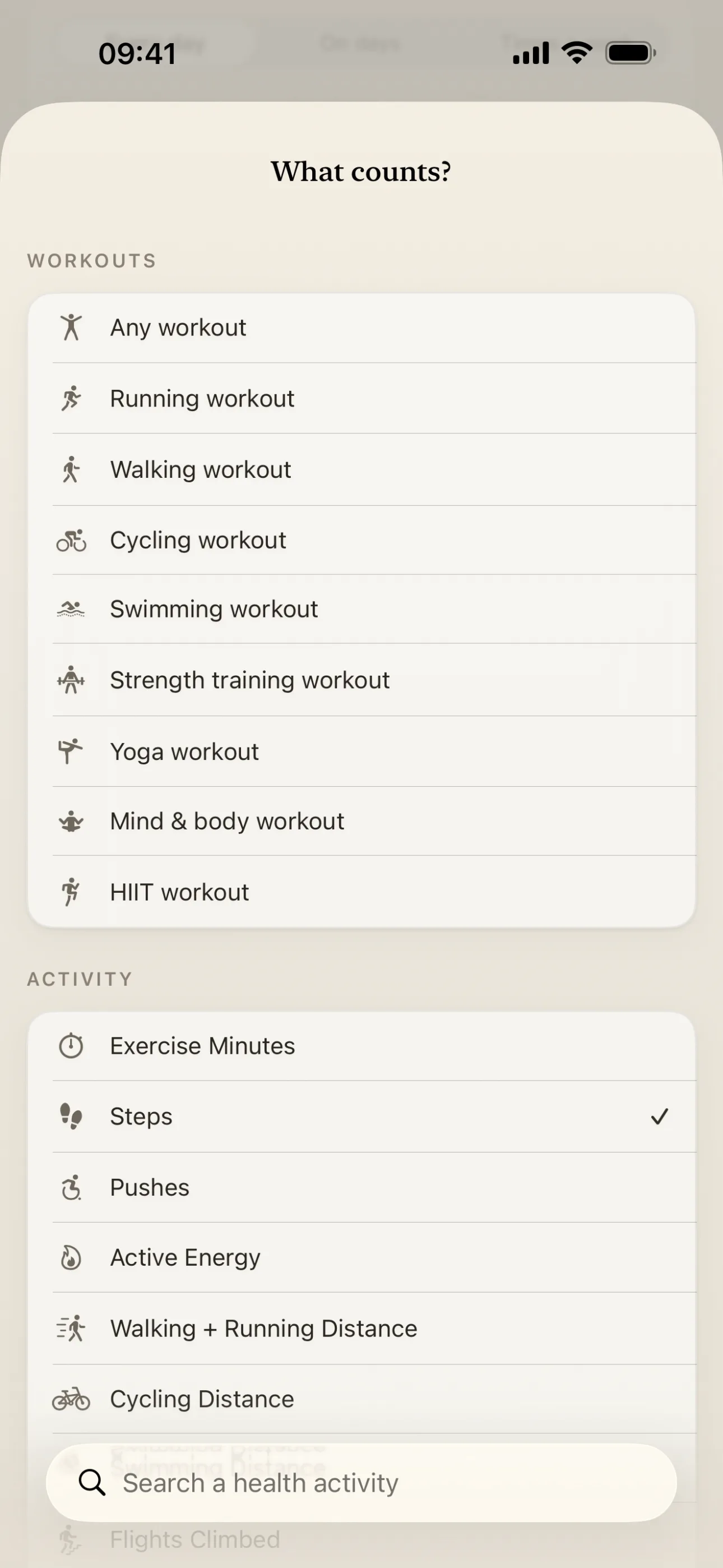 The Apple Health picker inside a habit's form: the metrics a habit can complete itself from — steps, distance, workouts, mindful minutes, sleep, water and more.