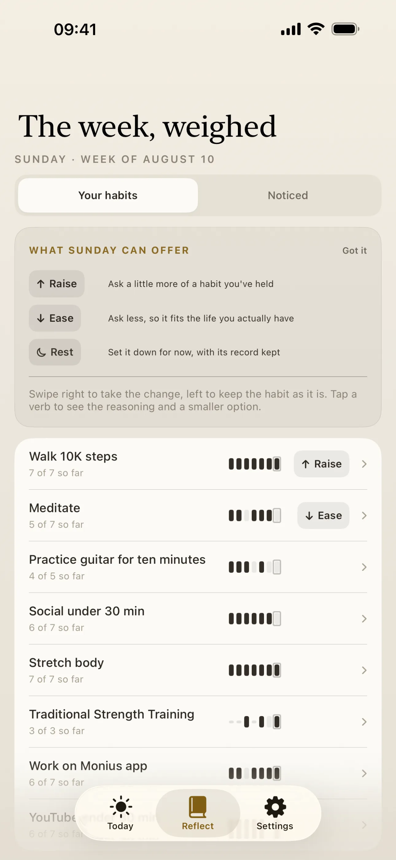 The Reflect screen on a Sunday: the legend for Raise, Ease and Rest, then each habit's week with a Raise offered on one of them.