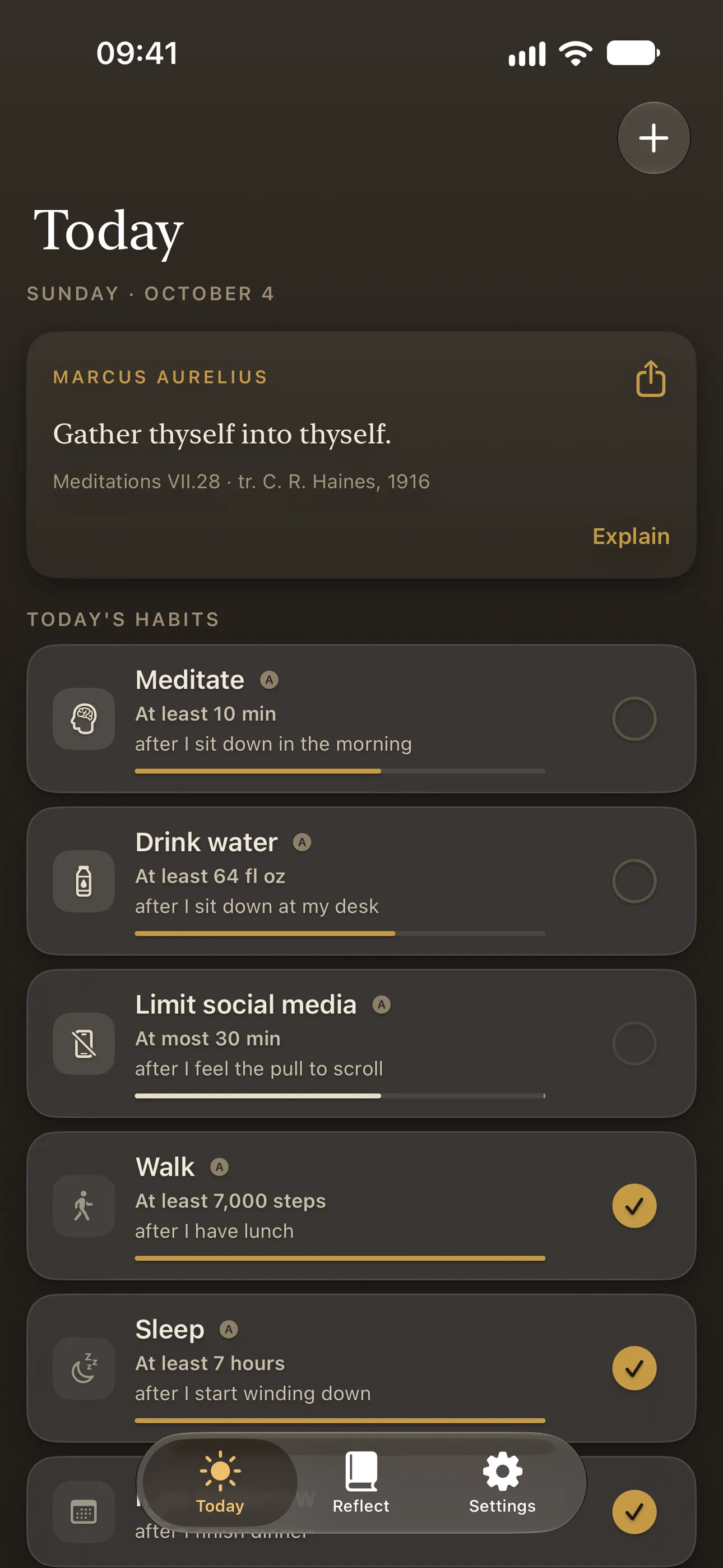 Monius Today screen listing the day's habits