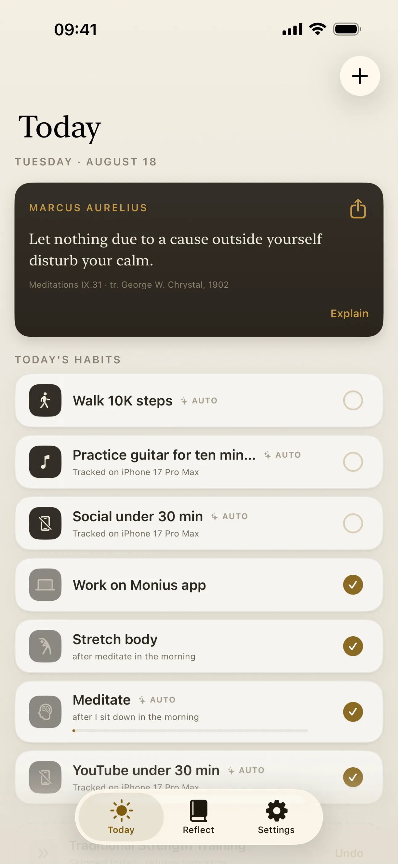 The Today screen: the day's stoic quote above the day's habits, each with its own completion control.
